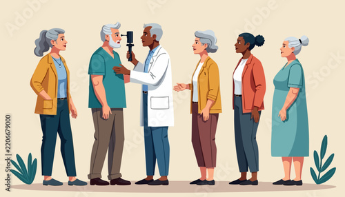 Medical consultation with diverse elderly patients discussing healthcare with doctor. Seniors in line for eye examination engaging with medical staff about aging health concerns.