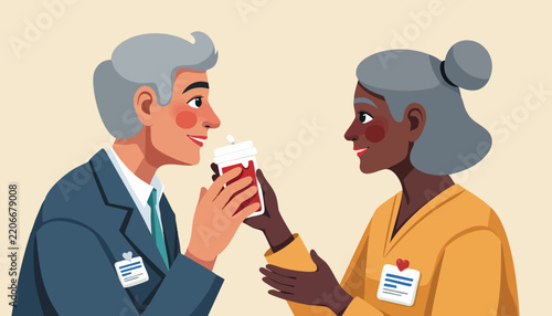 Smiling professionals sharing coffee moment in office setting, two colleagues with badges enjoying conversation and hot drink together.