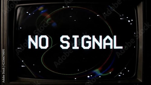 Close-up, “NO SIGNAL” text with a glitch effect, old TV, television, network, telecommunications, 