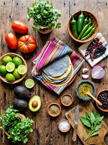 Mexican Food Ingredients and Tortillas on a Wooden Table