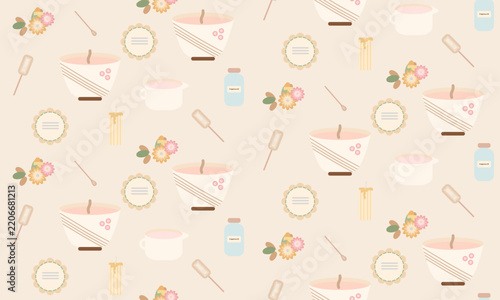 Cozy Candle Making Workshop Tools and Floral Packaging Seamless Pattern