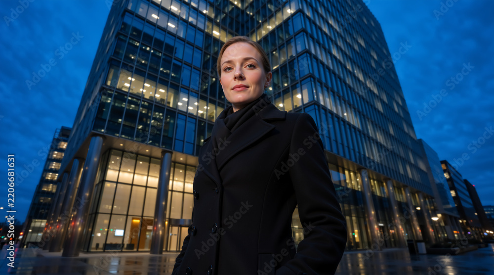 Fototapeta premium Confident businesswoman standing in front of a modern office building at dusk. Professional female leader in the city. Corporate success concept