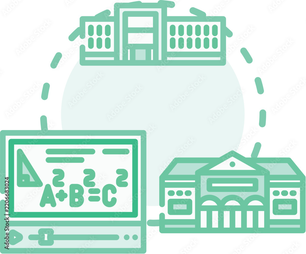 Fototapeta premium Academic institution concept illustrating university buildings, college campus learning, and students engaging in classroom education, representing knowledge, study, and educational services