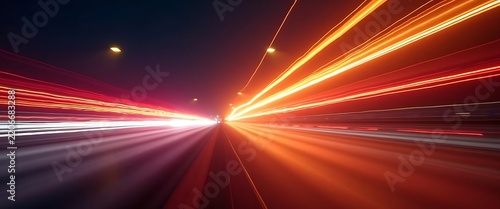 Speeding car light trails on dark road abstract motion blur background for energetic technology and travel themes.