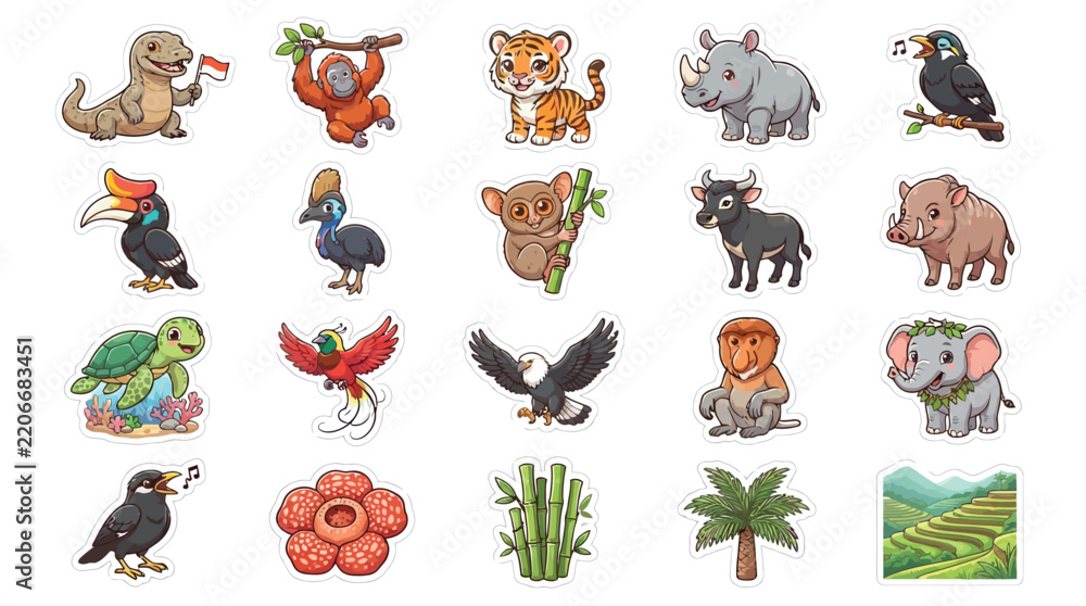 Obraz premium Collection of Cute Cartoon Animals and Nature Elements.