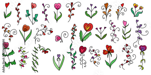 set of hand drawn floral elements and branches with heart shaped flowers, romantic botanical doodle collection vector illustration