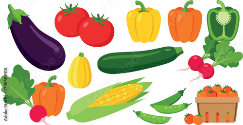 Fresh autumn harvest vegetable vector icon set featuring flat cartoon icons of tomato, bell pepper, eggplant, corn, zucchini, radish, and peas isolated on white background