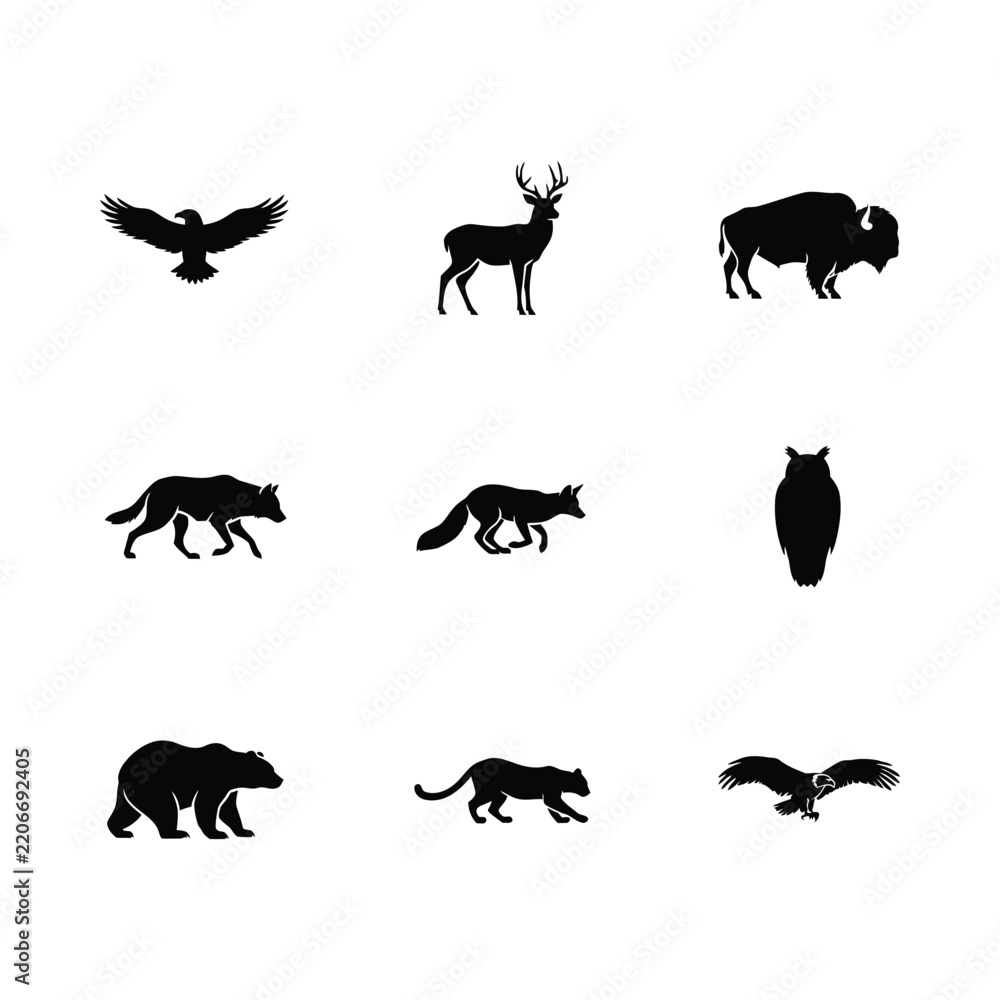 Obraz premium Collection of animal silhouettes including an eagle deer bison wolf fox owl bear panther and hawk against a white background