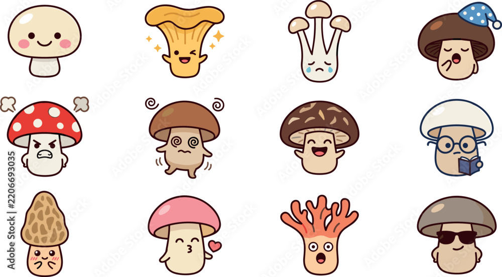 Fototapeta premium Cute kawaii mushroom emoji vector set featuring funny cartoon characters with different facial expressions emotions stickers and isolated woodland fungus elements