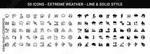 Line Art Weather Icon Set with Storm and Disaster for Mobile App