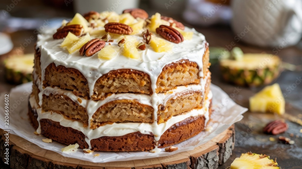 Obraz premium American cuisine. Hummingbird Layer Cake. A fluffy multi‑layer cake with pineapples and bananas, decorated with buttercream, pieces of fruit, and pecans.