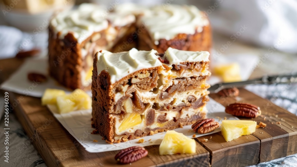 Obraz premium American cuisine. Hummingbird Cake. A spicy multi‑layer cake with bananas, pineapples and pecans, covered with a delicate cream cheese frosting.