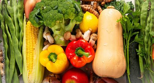 Fresh raw vegetables and fruits.