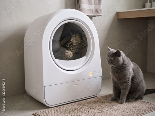 Self-Cleaning Smart Litter Box with Grey British Shorthair Cat Observing Automated Cycle