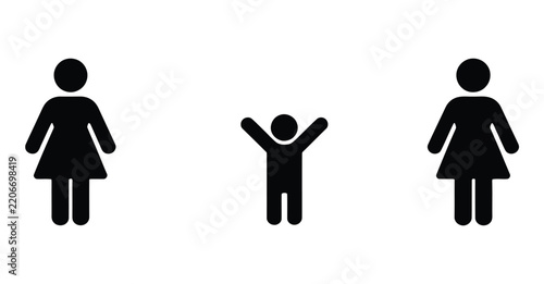 Family icon set in flat style featuring people symbols and human life stages from baby to old age, representing growth, family, age, and social development