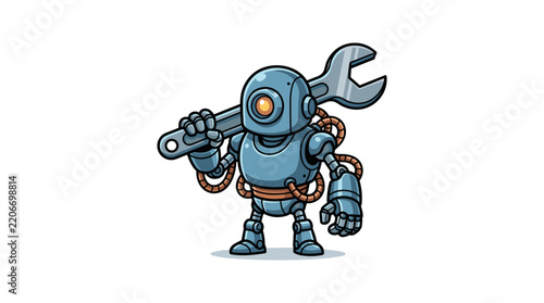 Cute blue robot holding large wrench illustration