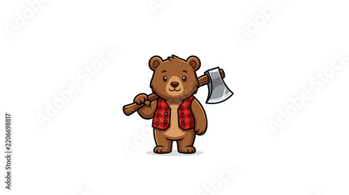 Cute brown bear lumberjack with an axe wearing a red plaid vest