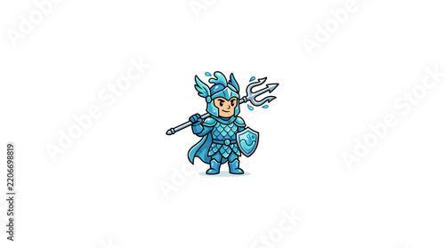 Cute cartoon blue warrior knight holding a trident and shield