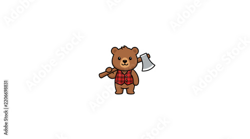 Cute brown bear wearing a red plaid vest holding a wood chopping axe isolated