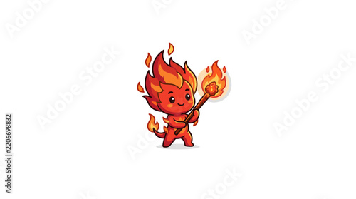 Cute cartoon fire character holding a wooden torch