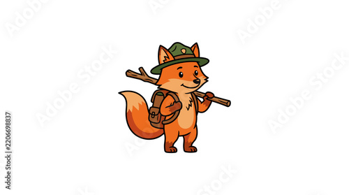 Cute cartoon fox scout hiking with backpack and wooden stick vector