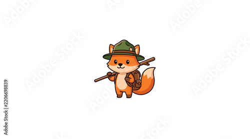 Cute cartoon fox scout wearing a green hat and carrying a backpack