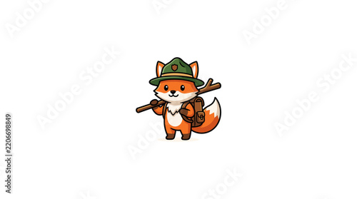 Cute cartoon fox scout wearing hat and carrying backpack vector art