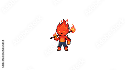 Cute cartoon fire character holding burning stick vector illustration