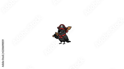 Cute cartoon pirate raven holding wooden sword with eyepatch and tricorn hat