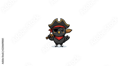 Cute cartoon pirate bird wearing an eyepatch and tricorn hat holding a sword