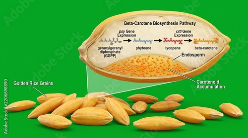 Golden rice beta-carotene biosynthesis pathway diagram on green background