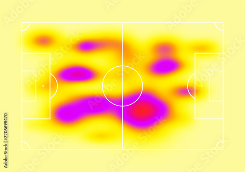 Heat map on soccer field. Player movement data. Vector illustration.