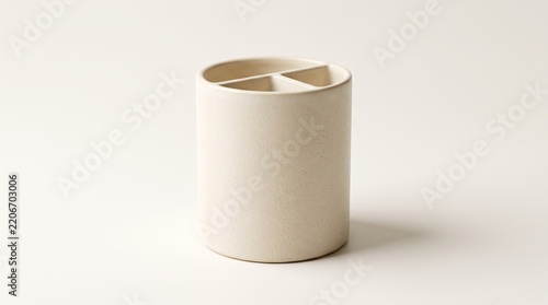 Empty beige ceramic toothbrush holder on a neutral background
