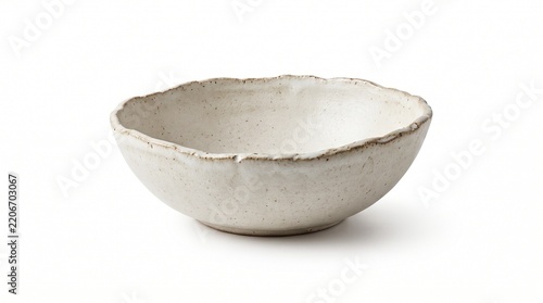 Empty handmade ceramic bowl with rustic texture isolated on white background