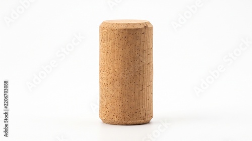 Single wine cork standing upright isolated on a white background