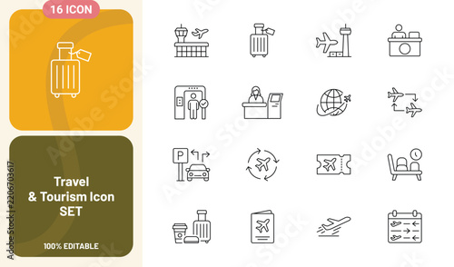 Travel and tourism vector icon set collection with outline style for airport, vacation, and journey concepts