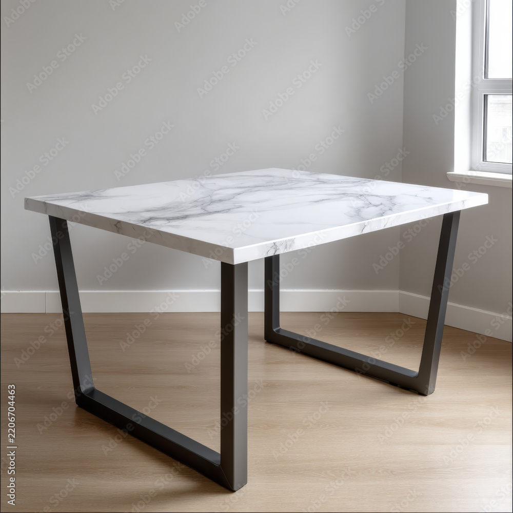 Fototapeta premium Marble dining table modern minimalist square metal legs side view bright window wood floor
