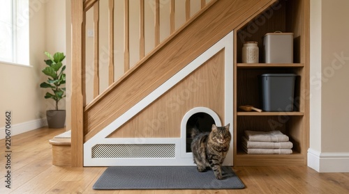 Tabby Cat Emerging From Stylish Concealed Litter Box Station Under Stairs