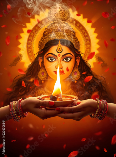 Goddess Durga Devotional Face With Burning Oil Lamp