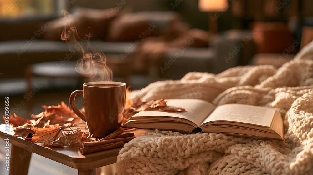 Fototapeta premium Steaming mug of hot beverage on a wooden table with an open book and autumn leaves in a cozy room