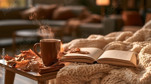 Steaming mug of hot beverage on a wooden table with an open book and autumn leaves in a cozy room