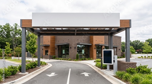 Modern Drive-Thru Building with Blank Sign and Digital Screen