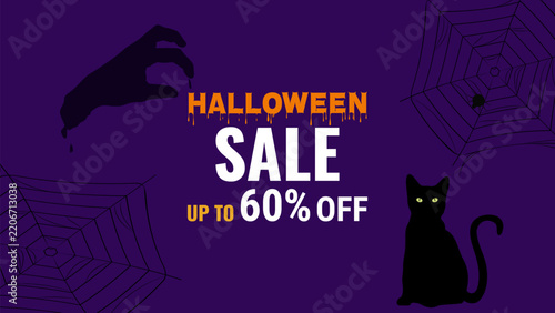 Dark Halloween sale silhouette banner for ads, web design, and marketing. Ideal for spooky autumn promotions and retail campaigns. Premium vector illustration