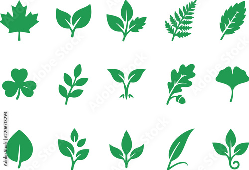 Set of various green leaf icons and plant foliage symbols