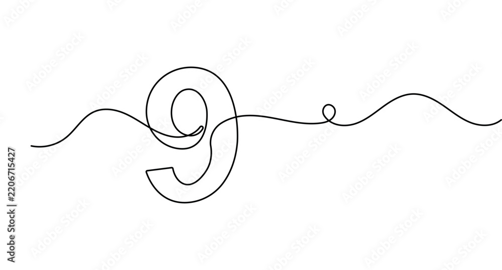 Obraz premium Number 9 line art depicting a continuous single line drawing of digit nine. Features editable stroke vector.