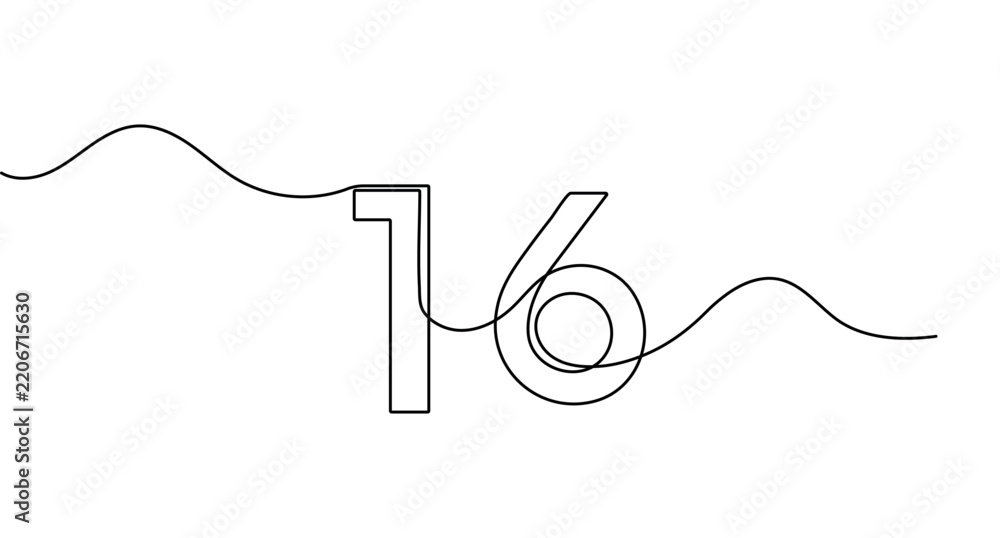 Obraz premium Number 16 line art depicting a continuous single line drawing of digits. Features editable stroke vector.