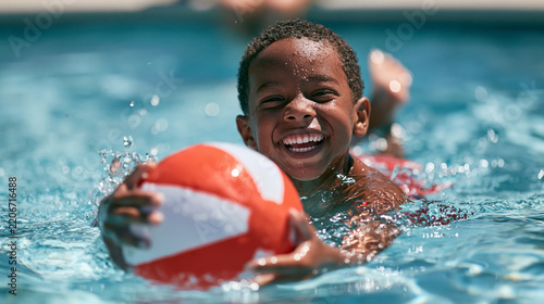 Swimming, black child playing in pool with ball, smile and fun time in water with toys in backyard in summer. Swim, play and sun, boy with beachball and happy, safe activity for young kids on weekend.