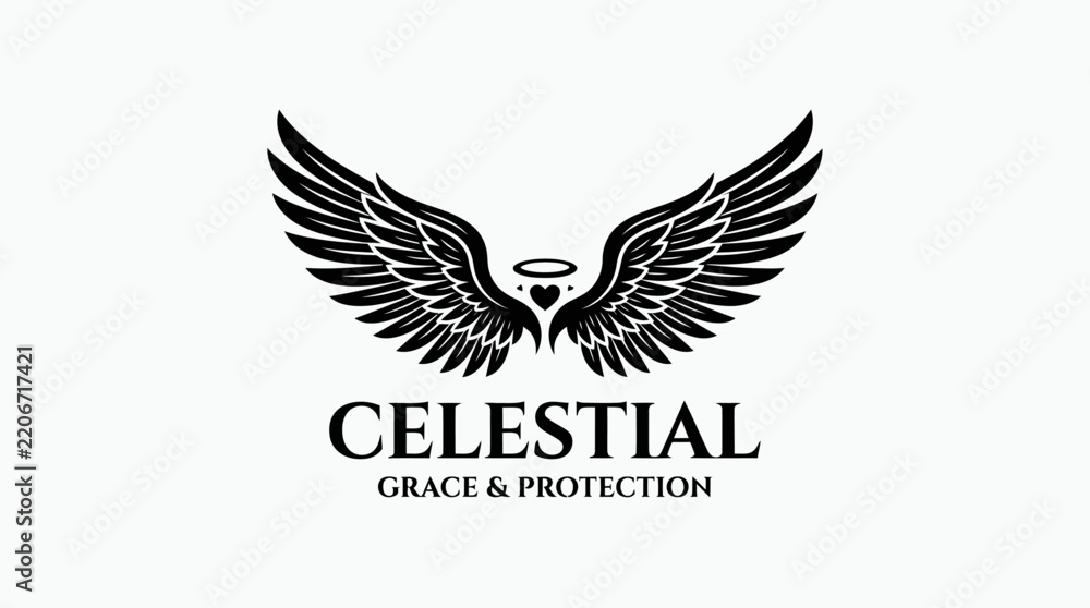 Fototapeta premium Elegant black and white logo featuring stylized angel wings with a halo and heart, accompanied by the text 'CELESTIAL GRACE & PROTECTION'.
