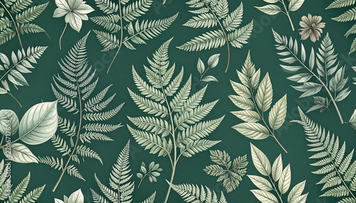 Elegant seamless pattern of cream colored fern fronds and delicate leaves on a deep forest green background for botanical design