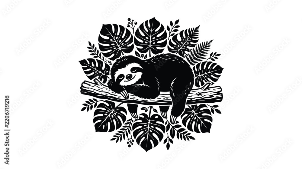 Fototapeta premium Black sloth resting on branch with leaves